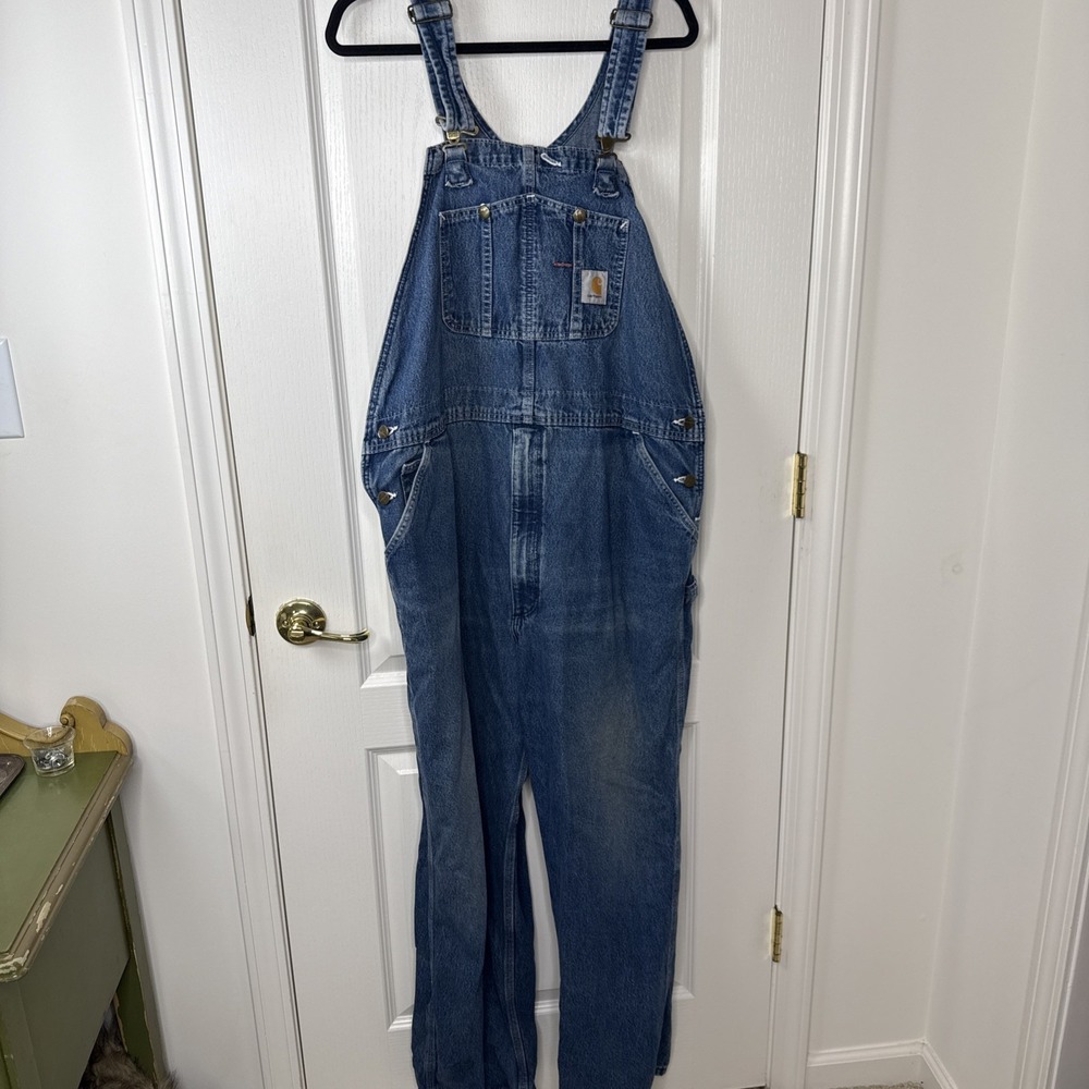 Carhartt Mens 42x32 Blue Denim Bib Overalls R07 DST Workwear Carpenter